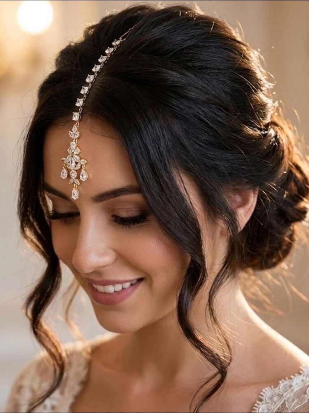 Gold Plated CZ Crystal Indian Tikka Headpiece - Elegant Wedding Jewelry Bride
